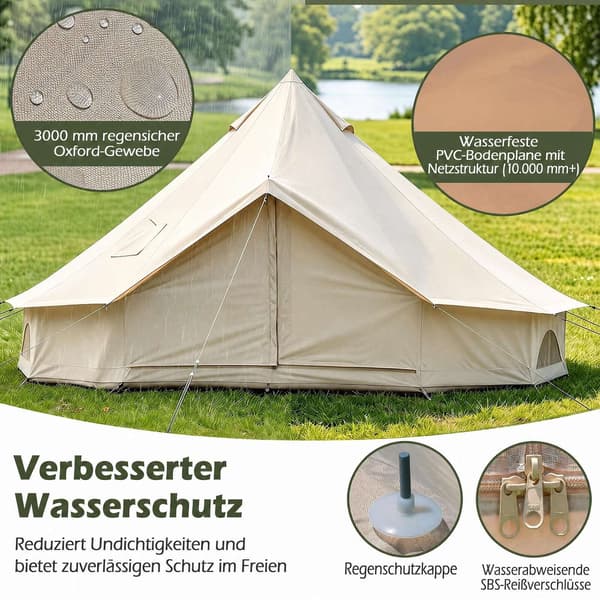 Vattentätt klocktält med spisjack, nätfönster, beige
