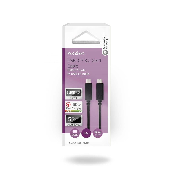 USB kaapeli | USB 3.2 Gen 1 | USB-C™ Uros | USB-C™ Uros | 60 W | 4K@60Hz | 5 Gbps | Niklattu | 1.00 m | Pyöreä | PVC | Musta | Laatikko