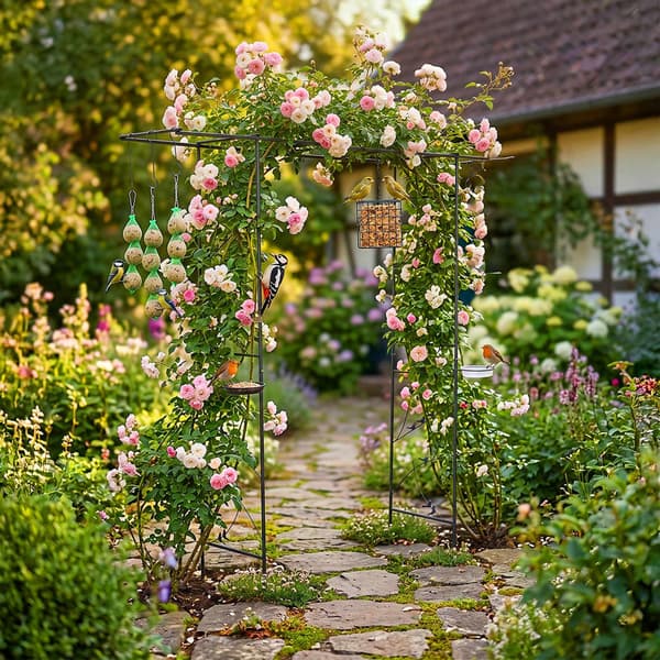 Rosenbue-espalier til haven – Fuglebad og foderstationer