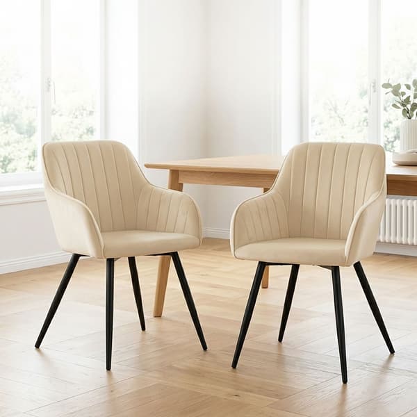 Beige sammetsmatstolar med armstöd, set om 2