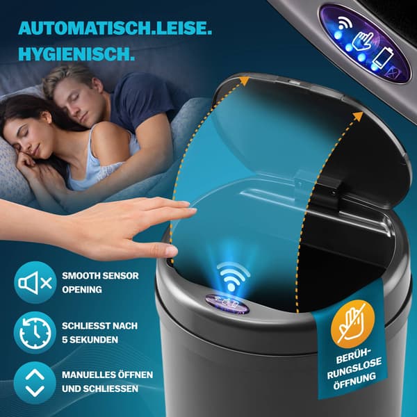 Sensor-affaldsbeholder, sort rustfrit stål, 40L