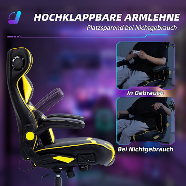 Gamingstol med vippe- og benfunktion, ergonomisk computerstol, højdejusterbar, drejelig skrivebordsstol med højttaler, bæreevne op til 120 kg, sort +