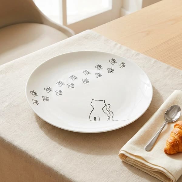 Porslinsdessertstallrik, vit kattdesign, 20,5 cm