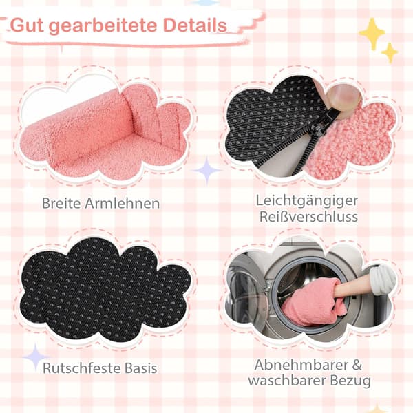 2-i-1 bäddsoffa för barn, rosa teddytyg, hopfällbar
