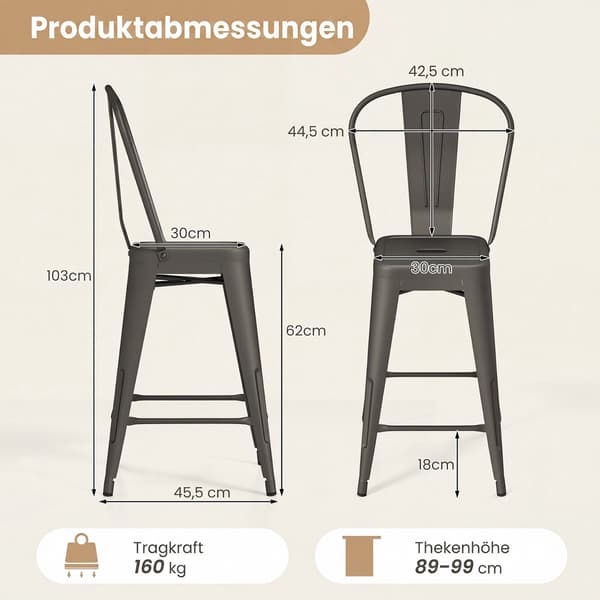 Metal Barstole Sæt med 4, Stabelbare, Mørkegrå