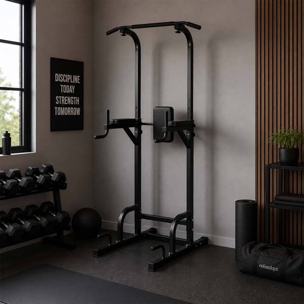 Power Tower til hjemmegym, justerbar højde, sort stål