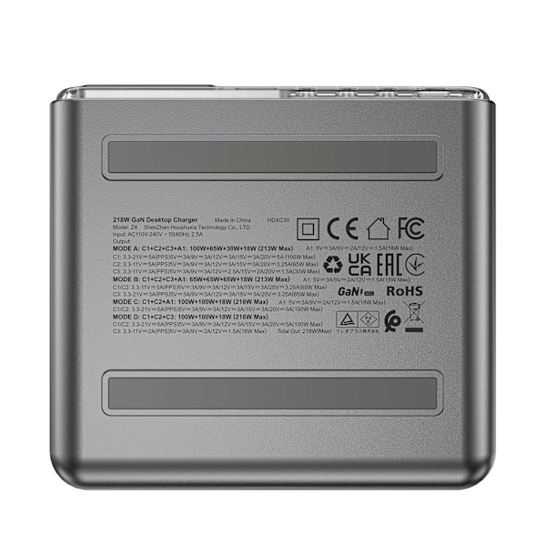 PD 218W GaN laddare kraftstation med 4 portar 3x USB-C + USB-A grå