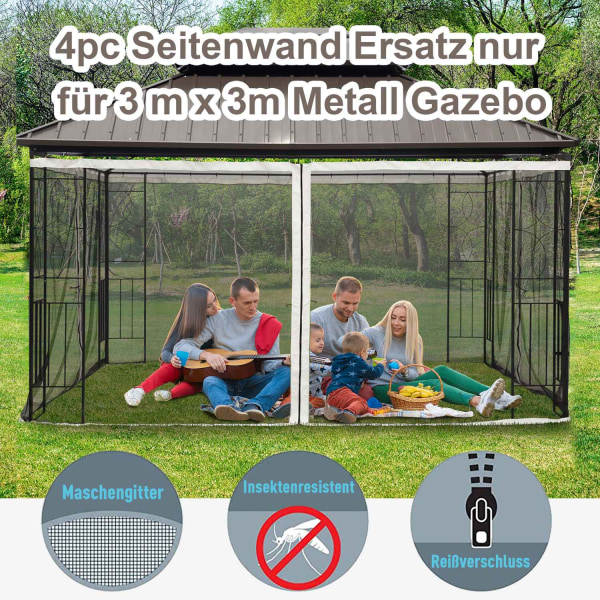 Myggenet 3X3 Gazebo 4 Sidepaneler Fly Net Zip Nylon Mesh Sort