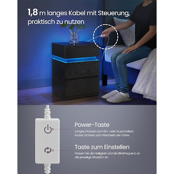 LET630T56 Sengebord med LED-belysning, Sidebord, Sengeskab, Sofabord, Justerbar