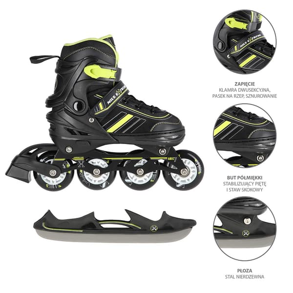 2-i-1 inline & skøjter, sort/lime, størrelse M (34-38)