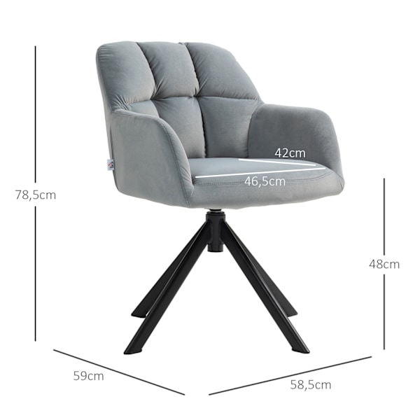 Lænestol Drejelig Loungestol med Velvet Look Armlæn Drejestol med metalben til soveværelse Stue Grå