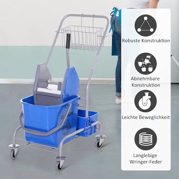Städvagn, städvagn, mobil hink, städhink, 25 liters moppvagn med vridare, krok för mopp, hushållsvagn med 4 hjul, blå Aosom
