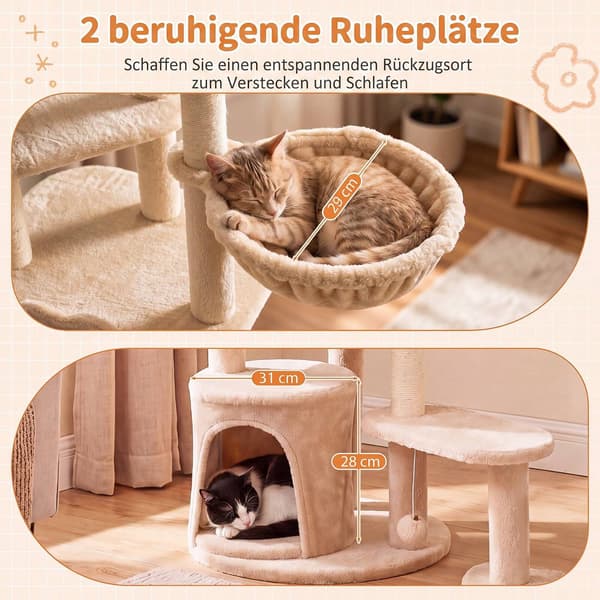 Suuri beige kissapuu torni raapimispuulla, 149 cm