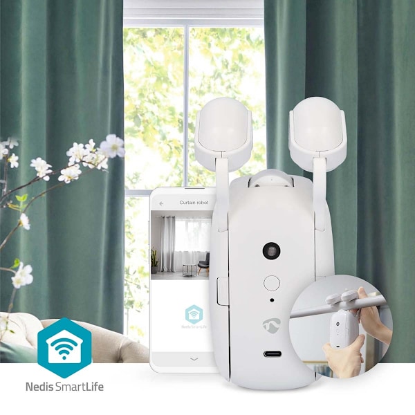 SmartLife Robot med Gardin | Stångskena | Draperier / Gardiner | Batteridriven / USB ström | 4000 mAh | Bluetooth® | Vit