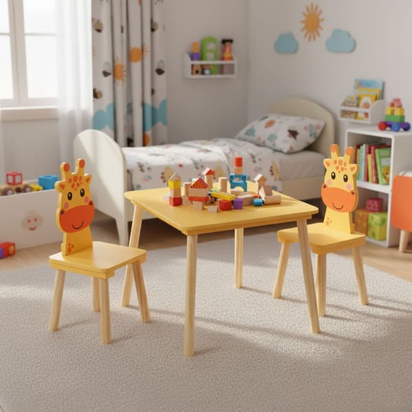 Barnbord och 2 stolar med giraffdesign