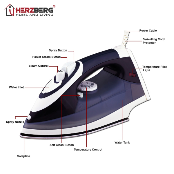 Herzberg HG-8037: 2200W ångstrykjärn - mörkblå