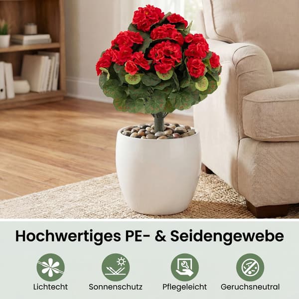 Kunstige pelargonier sæt med 2, røde, med jordpæle