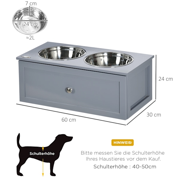 Hundeskålskuffe Rustfrit Stål Dobbeltskål Medium Hundegrå Foderstation