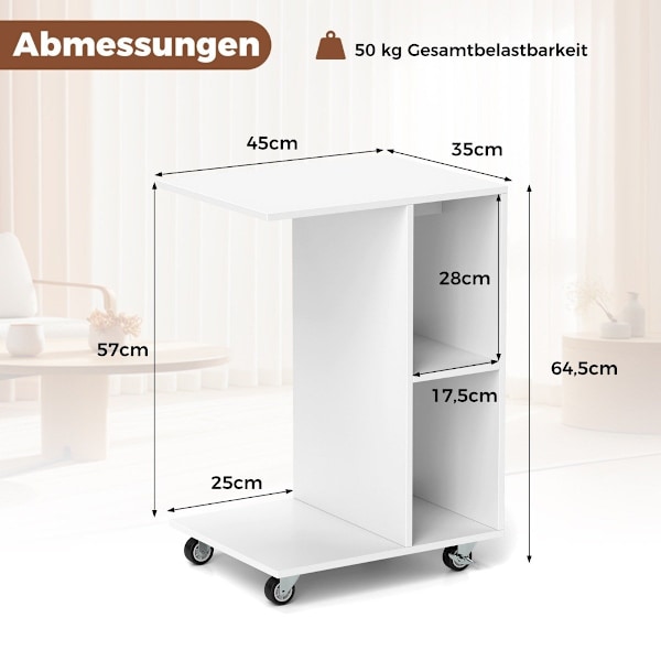 C-formet sidebord, smalt sidebord med hylder, mobilt sengebord til stue, hvid