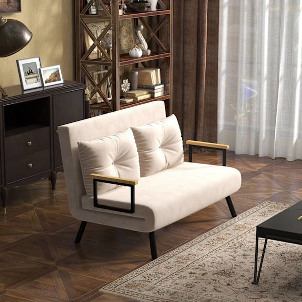Sovesofa, Afslapningsstol Med Sengefunktion, Foldesofa Med Fløjlslook, Rygpude, Polstret Sofa Med Justerbart Ryglæn, Beige, 102 X 73 X 81 Cm