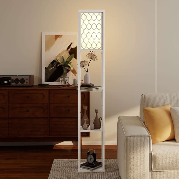 Golvlampa med hyllplan, 3 nivåer, MDF, vit