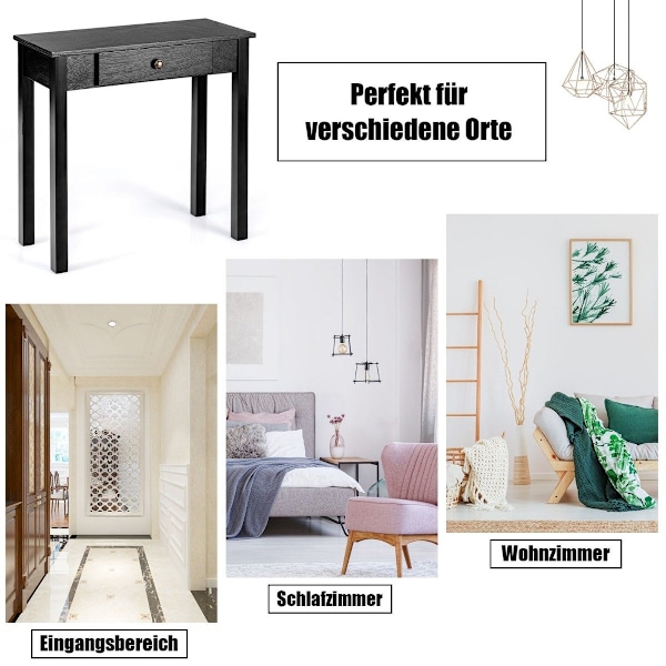 Konsolbord med skuffe, indgangsbord, smalt industrielt sidebord af træ 71 x 30 x 71 cm sort