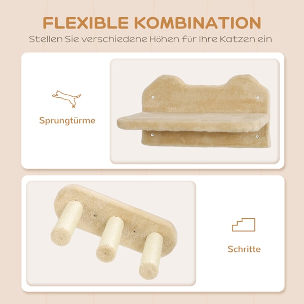 Kattklätterväggsset, 3-delad kattmöbel med skrapstolpe, sittpinnar, stege, trappsteg, skrapbräda, för katter upp till 5 kg, sisal, beige