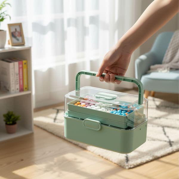 Medicinopbevaringskasse – Udklappelig, 5 rum, 3 niveauer