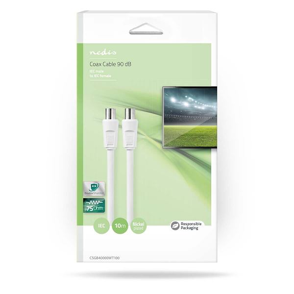 Koaxialkabel | IEC (Koax) Hane | IEC (Koax) Hona | Nickelplaterad | 90 dB | 75 Ohm | Dubbelskärmad | 10.0 m | Rund | PVC | Vit | Låda