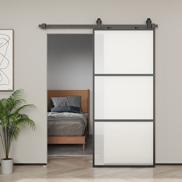 Skydedørssæt med matteret glas, soft-close, sort stål