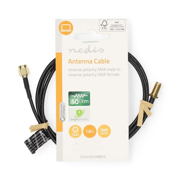 Antennekabel | RP SMA Han | RP SMA Hun | Guldplateret | 50 Ohm | Enkelt afskærmet | 1.00 m | Runde | PVC | Sort | Label