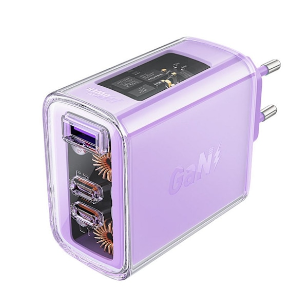 Acefast oplader GaN 65W, 3 porte (1xUSB, 2xUSB-C) - Lilla