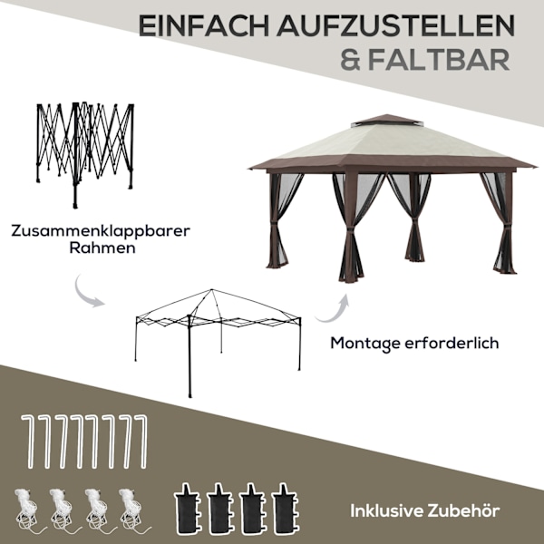 Folding Gazebo 4X4M Höjdjusterbart Trädgårdslusthus Med Uv-Skydd & Meshgardiner, Dubbeltak, Beige