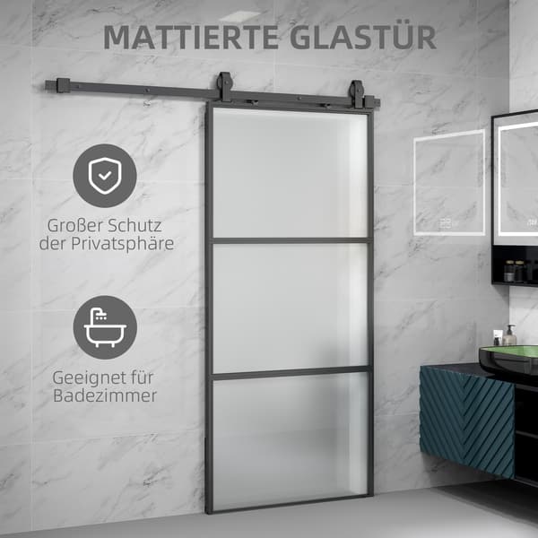 Skydedørssæt med matteret glas, soft-close, sort stål