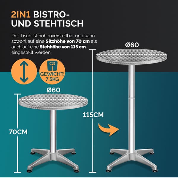 Højdejusterbart Bistro Barbordsæt, Sølv, Ø60cm