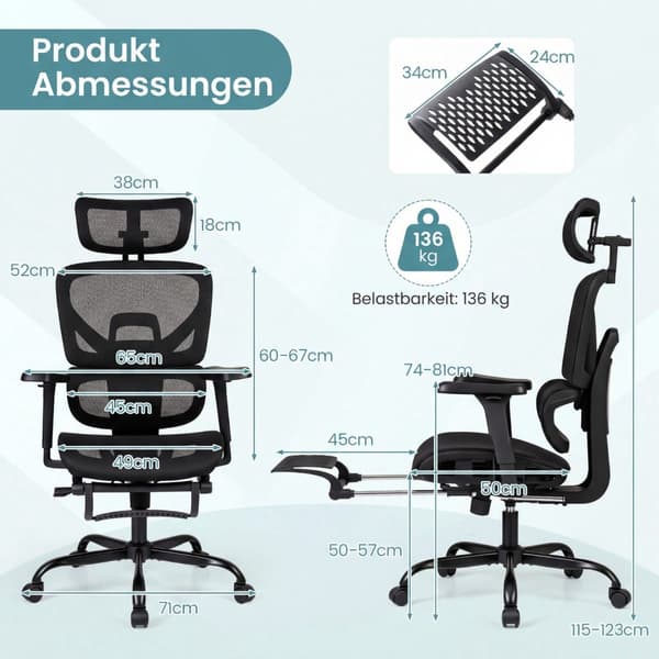 Ergonomisk kontorstol i net med fodstøtte, sort