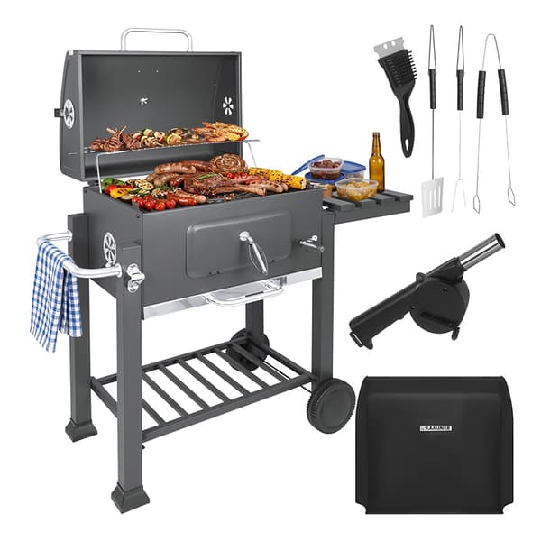 Havekulgrill med låg, støbejernsrist, termometer