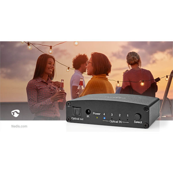 Digital Audio Switch | 4-vejs | Tilslutninger indgang: DC strøm / 4x TosLink | Tilslutninger udgang: TosLink Hun | Fjernbetjening / Manual / Trykknap
