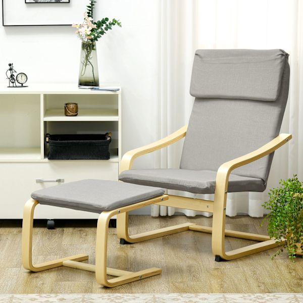 Set med 2 fåtöljer med pall, med armstöd, nackstöd, linneöverdrag, fotdyna, polyester, eukalyptus, 66,5 x 80 x 99 cm, ljusgrå