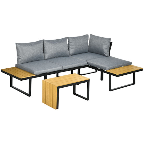 Trädgårdsmöbelset För 3 Personer, Balkongmöbler Med Sittdynor, Aluminiumram, Trälook, Mörkgrå + Naturlig