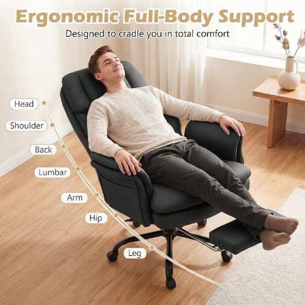 Ergonomisk kontorstol med udtrækkelig fodstøtte, sort