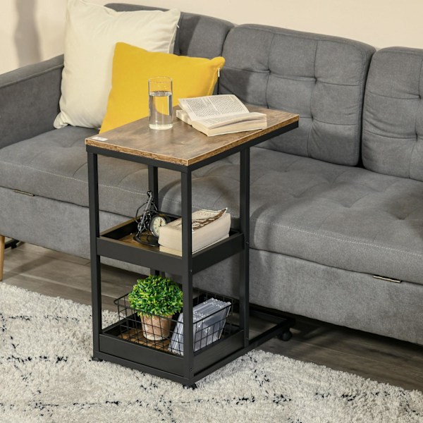 Sidebord Sofabord med Hjul Hylde Industriel stil Sofabord til Stue Soveværelse Mørkebrun 51 x 33 x 66 cm