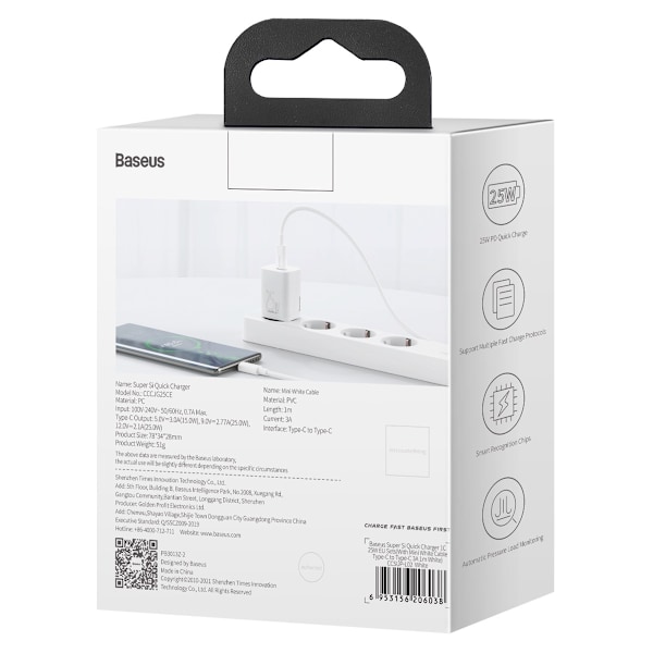 Si 25W 3A hurtig vægoplader med USB-C kabel 1m hvid