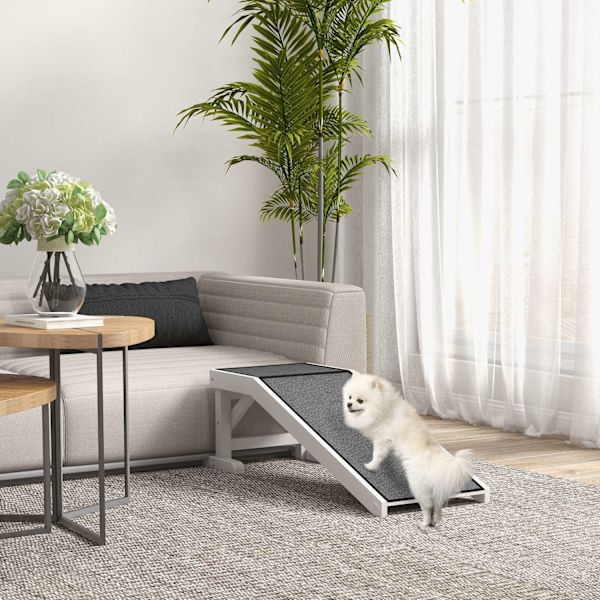Kæledyrsrampe Med Skridsikkert Tæppe Til Kæledyrsstige Hunderampe Til Hunde Op Til 30 Kg Fyrretræ Polyester Hvid + Grå 125 X 40 X 35,5 Cm