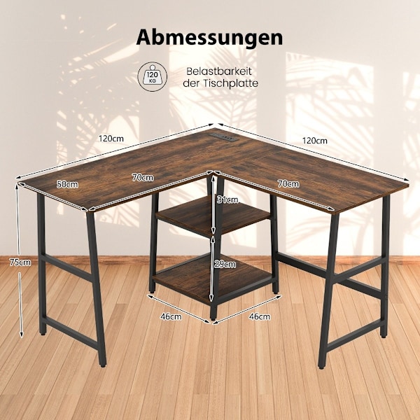Skrivebord L-Shape hjørne skrivebord med stikkontakter &amp; USB-porte 120 x 120 x 75 cm rustik brun