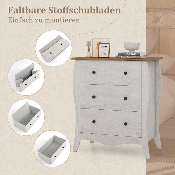 Byrå med 3 vikbara tyglådor, skänk i lantlig stil, grått lådskåp