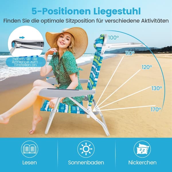 Hopfällbara strandstolar, justerbart ryggstöd, 2-pack, grön