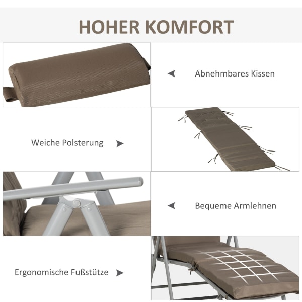 Aurinkotuoli Rantatuoli Puutarhatuoli Taittuva Säädettävä Tyynyllä Puutarha Metallikangas Ruskea + Hopea 137 X 63,5 X 100,5 Cm