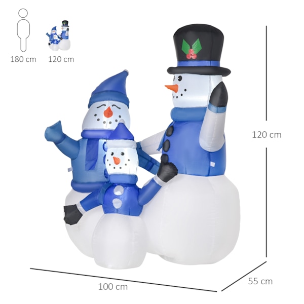 Snowman Family Självuppblåsbar Dekorations-Led Med Blåsare Blå L100 X B55 X H120 Cm