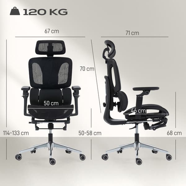 Ergonomisk kontorstol, justerbar lænde- og nakkestøtte, sort net